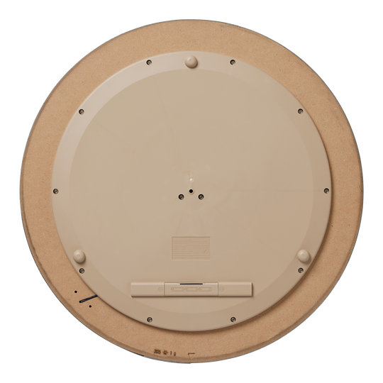 Bersaglio per freccette in acciaio Unicorn Eclipse Smartboard Dies ist die Rückseite des Unicorn Eclipse Smartboard Steeldartboards. Sie zeigt eine kreisförmige, beige Kunststoffabdeckung mit mehreren Schrauben und einem Batteriefach.