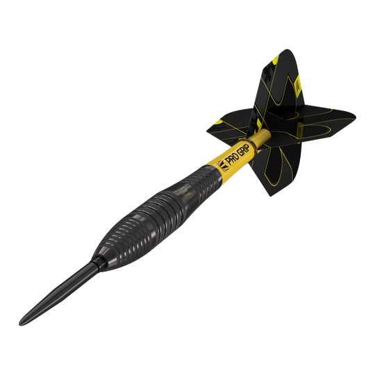Freccette in acciaio Target Bolide Void 05 Swiss Point Das Bild zeigt einen Target Bolide Void 05 Swiss Point Steeldart. Der Dart ist schwarz mit gelben Akzenten und hat einen gerillten Griff sowie gelbe "Pro Grip"-Schriftzüge.