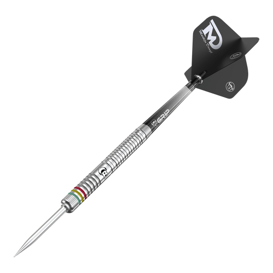 Freccette in acciaio Bulls Martijn Dragt - 24g Auf dem Bild ist ein Bulls Martijn Dragt Steeldart mit einem Gewicht von 24g zu sehen. Der Dartpfeil hat einen silbernen, gerillten Schaft und schwarze Flights mit weißer Aufschrift.