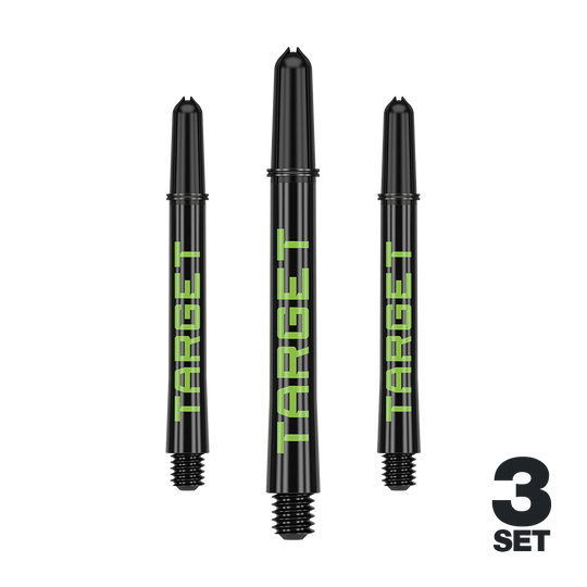 Aste Target Pro Grip TAG - 3 set - Nero Verde Mehrere Dart-Schäfte mit glatten Linien und dezenter Farbe sind abgebildet. Das Produkt ist ordentlich arrangiert.