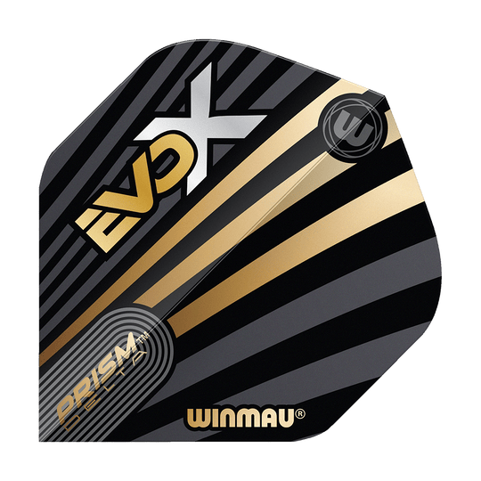 Voli standard Winmau Prism Delta MvG Evo-X No2 Das Bild zeigt ein Winmau Prism Delta MvG Evo-X No2 Standard Flight. Das Flight ist schwarz mit goldenen und grauen Streifen sowie dem Schriftzug "EVO-X" und "WINMAU".