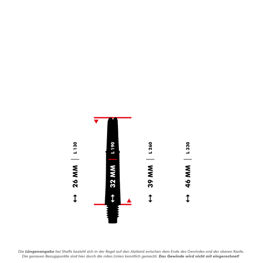 Das Bild zeigt eine schematische Darstellung eines Dart-Schafts mit Maßangaben. Es werden verschiedene Längen in Millimetern angegeben, die zwischen den roten Linien gemessen werden.