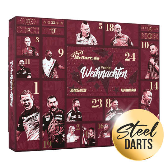 Calendario dell'Avvento McDart Premium 2026 per giocatori di freccette in acciaio Auf dem Bild ist der McDart Premium Adventskalender 2026 für Steeldart-Spieler zu sehen. Dieser Adventskalender bietet hochwertige Inhalte speziell für Steeldart-Enthusiasten.