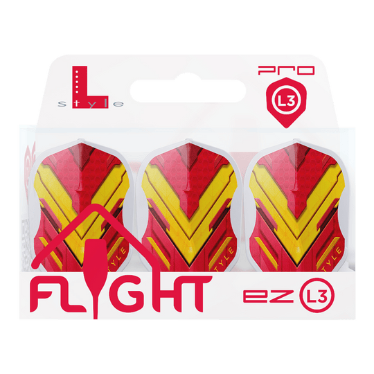 Alette L-Style V-Series V1 Tipo A Spagna Bianco Trasparente L3EZ Das Bild zeigt eine Packung mit drei Dart-Flights der Marke L-Style in den Farben Rot und Gelb. Auf der Verpackung steht „FLIGHT ez L3“ und oben rechts ist das Pro L3-Logo zu sehen.