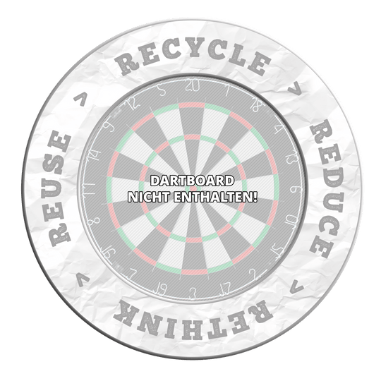 McDart Ricicla Riduci Ripensa Riutilizza Bersaglio per freccette Das Bild zeigt ein Produkt in Grau mit dem Schriftzug 'Recycle, Reuse, Reduce, Rethink'. Die Beschreibung lehnt sich an den Dateinamen DBS-RRRR5_Surround_Recyle_Reuse_Reduce_Rethink_Grau_1 an.