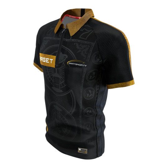 Maglietta da freccette Target Adrian Lewis 2026 Das Bild zeigt das Target Adrian Lewis Dartshirt 2026. Das Dartshirt ist ein offizielles Sporttrikot mit markantem Design.