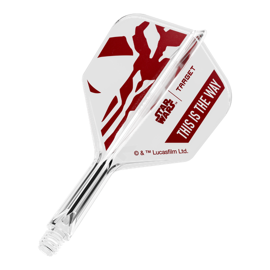 Set Target Star Wars K-Flex Mandalorian No6 Flights Das Bild zeigt ein Star Wars Motiv mit der Aufschrift 'This Is The Way'. Es handelt sich um einen No6 Dart-Flügel in 19 mm Größe.