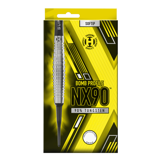 Freccette morbide Harrows NX90 Bomb Die Verpackung zeigt die "Harrows NX90 Bomb Softdarts" mit einem auffälligen gelb-schwarzen Design. Auf der Vorderseite steht, dass die Darts aus 90% Tungsten bestehen und eine Bombenform haben.