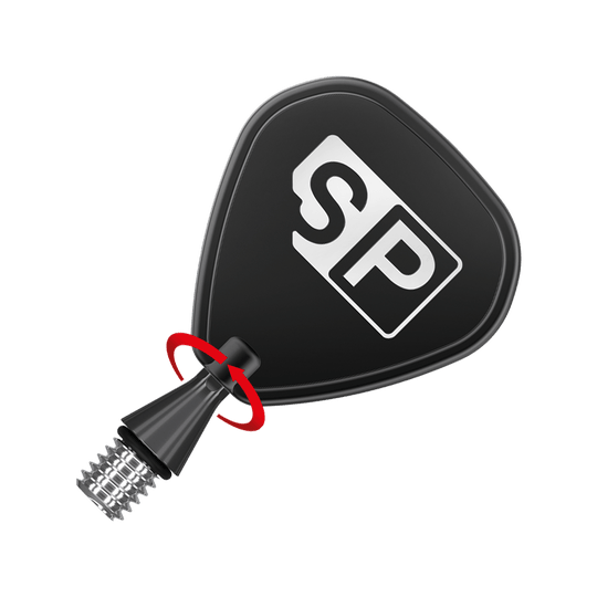 380160_Target_Titanium_Swiss_Point_Nano_Conversion_Points_Schwarz_3 Das Bild zeigt eine schwarze Dartspitze mit einem Pfeil für die Schraubbewegung. Auf der Spitze ist das weiße Logo "SP" abgebildet.