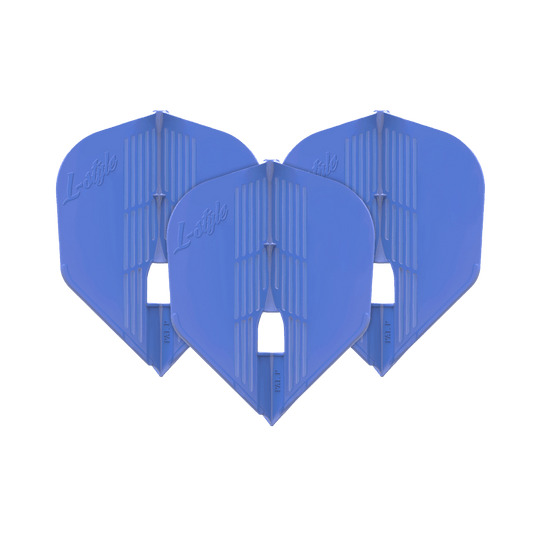 Alette L-Style KAMI L3PRO Das Bild zeigt drei blaue Dartflights der Marke L-Style. Sie sind nebeneinander aufgereiht und haben eine moderne, strukturierte Oberfläche.