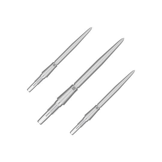 Target Swiss Storm Nano Point Dartspitzen - Silber Auf dem Bild sind drei silberne Dartspitzen abgebildet. Sie sind aus Metall und haben eine schlanke, geriffelte Form.