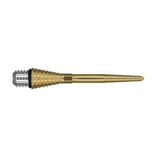 380179_Target_Titanium_Swiss_Point_Grooved_Conversion_Points_Gold_30mm_2 Das Bild zeigt eine goldfarbene, gerillte Dartspitze mit Schraubgewinde. Sie besteht aus Metall und hat eine konische Form.