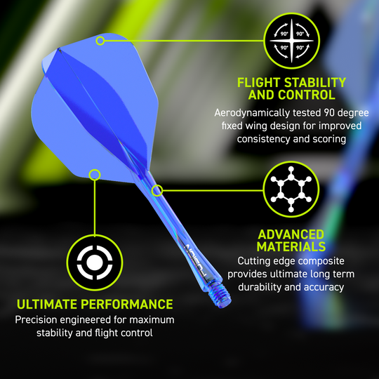 Sistema di alberi di volo a fusione Winmau n. 6 blu Das Winmau Fusion Flight-Shaft-System No6 in Blau ist zu sehen. Es bietet eine moderne Lösung für Dartspieler.