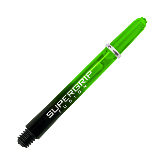 HR341_Harrows_Supergrip_Fusion_Shafts_Gr-n_47mm_2hV0Xxfzt4lkIw Das Bild zeigt einen grünen Harrows Supergrip Fusion Dartshaft. Im Hintergrund sind grüne und weiße Streifen zu sehen, die den Shaft hervorheben.