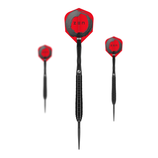 Freccette in acciaio Shot ZEN Torpedo Turbo Point - 23 g Ein Set Shot ZEN Torpedo Turbo Point Steeldarts mit einem Gewicht von 23g ist abgebildet. Die Darts sind schlank und haben ein modernes Design.