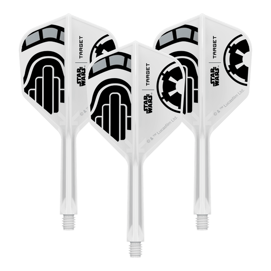 Voli Target Star Wars K-Flex Stormtrooper No6 Abgebildet ist ein Dartflügel-Set im Star Wars Design mit dem Namen 'Stormtrooper No6 Flights Intermediate 26mm'. Das Set eignet sich für den Austausch von Dartflügeln.