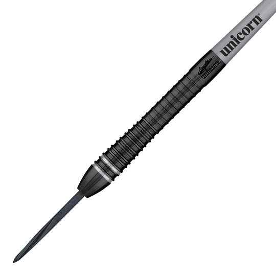Campione del mondo Unicorn Gary Anderson Noir Fase 6 Steeldarts Das Bild zeigt einen Steeldartpfeil aus der Serie "Unicorn World Champion Gary Anderson Noir Phase 6". Der Dartpfeil ist schwarz mit silbernen Akzenten und trägt das "Unicorn"-Logo.