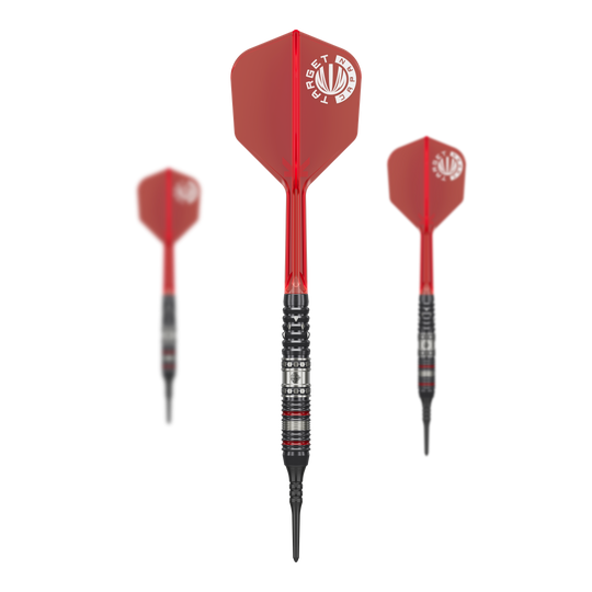 Freccette morbide Target Japan Prime Series Diamond GEN3 - 18 g Das Bild zeigt drei Softdarts aus der Serie "Target Japan Prime Series Diamond GEN3" mit einem Gewicht von 18g. Die Darts haben rote Flights und schwarze Spitzen.