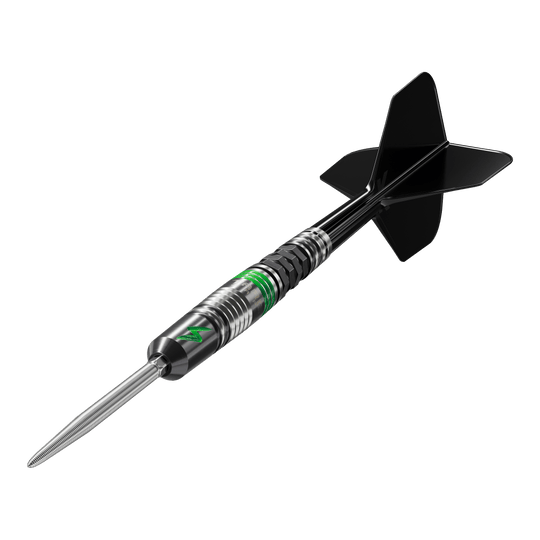 Freccette in acciaio Target Japan Black Marque Lightning 3 SP Das Bild zeigt den Target Japan Black Marque Lightning 3 SP Steeldart. Der Dartpfeil ist schwarz-silber mit grünen Akzenten und hat schwarze Flights.