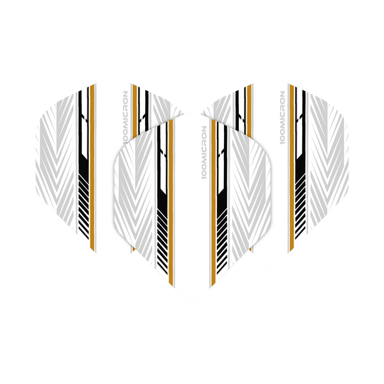 Voli Pentathlon bianchi/neri/oro Das Bild zeigt die Pentathlon White Black Gold No2 Standard Flights für Dartpfeile. Die Flights sind überwiegend weiß mit schwarzen und goldenen Zierstreifen sowie geometrischen Mustern.