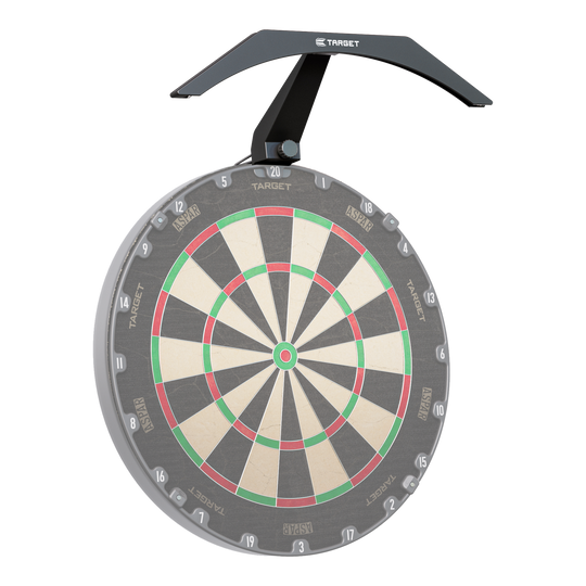 Illuminazione per bersaglio Target ARC V2 Das Bild zeigt eine Dartscheibe mit der Target ARC V2 Dartboard Beleuchtung darüber. Die Beleuchtung sorgt für eine gleichmäßige Ausleuchtung der gesamten Spielfläche.