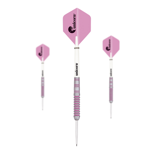 Unicorn Autograph Steeldarts Das Bild zeigt drei Unicorn Autograph Steeldarts mit rosa Flights. Die Darts haben eine weiße Mitte und einen geriffelten, silber-rosa Schaft.