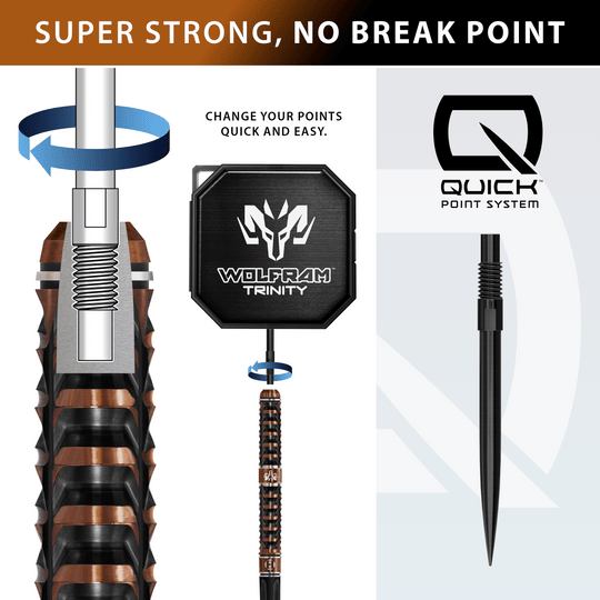 Freccette in acciaio Harrows Tungsten Trinity Quick Point Auf diesem Foto sind die Harrows Wolfram Trinity Quick Point Steeldarts dargestellt. Das Design dieser Darts betont Präzision und Stabilität.