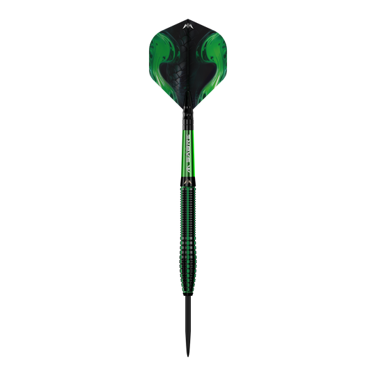 Freccette in acciaio Mission Venom Das Bild zeigt einen Mission Venom Steeldart mit einem auffälligen, grünen Design. Der Schaft und die Flights haben ein modernes Muster, das an Schlangenhaut erinnert.