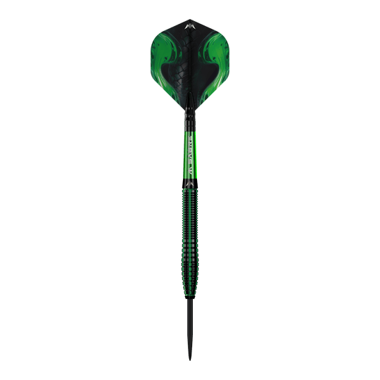 Freccette in acciaio Mission Venom Ein einzelner Mission Venom Steeldart wird präsentiert. Die Konturen und das Design sind gut erkennbar.