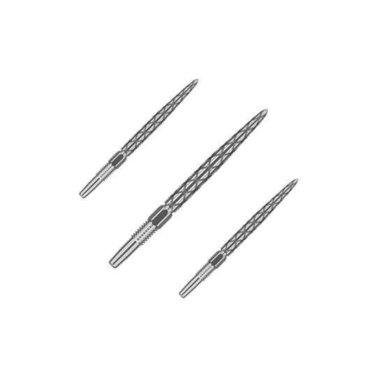 Punte per freccette Target Swiss Diamond Pro Silver Points Das Bild zeigt drei silberne Dartspitzen mit einem rautenförmigen Muster. Sie sind nebeneinander auf einem neutralen Hintergrund angeordnet.