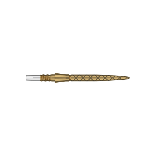 Punte per freccette Target Swiss Storm Diamond Point - Oro Dies ist eine goldfarbene Dartspitze mit einem diamantförmigen Muster. Sie ist schlank, länglich und hat eine Länge von 26 mm.