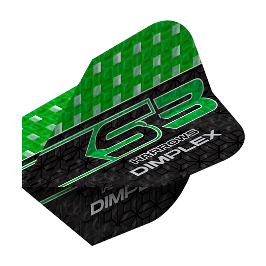 Harrows Dimplex S3 Flights - Verde Das Bild zeigt einen grünen und schwarzen Dartflight mit der Aufschrift "Harrows Dimplex S3". Das obere Drittel ist grün mit silbernen Quadraten, der Rest ist schwarz mit einem Muster und weißen Schriftzügen.