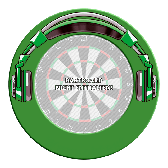 Zu sehen ist das MSF-J5 McDart Stereo Dartboard Surround in Grün. Diese Ansicht zeigt das Dartboard-Surround aus einer anderen Perspektive.