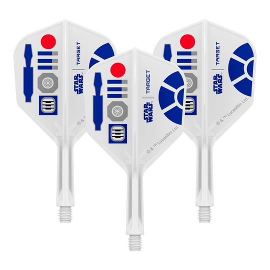 Voli Target Star Wars K-Flex R2D2 No6 Abgebildet sind Dart-Flights mit Star Wars R2D2 Motiv und dem Dateinamen 410510_Target_StarWars_KFlex_R2D2_No6_Flights_Short_19mm_1Set. Es handelt sich um ein Set kurzer Dart-Flights.