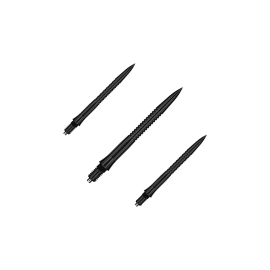 Punte per freccette Caliburn EZ-EVO - Scanalate - Nere Das Bild zeigt ein Set EVO201 Caliburn EZ-EVO Dartspitzen mit Rillen in Schwarz, jeweils 28 mm lang. Das Set ist ideal für Dartliebhaber und Vielspieler.