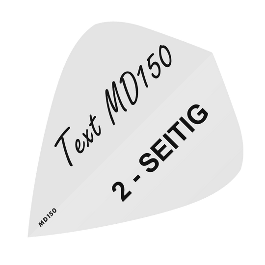 MD-301_2-Seitig_Bedruckte_Flights_Wunschtext_MD150_Weiss_Kite_1 Das Bild zeigt eine Vorlage für bedruckte Flights mit dem Text "Text MD150" und "2-SEITIG". In der unteren linken Ecke steht zusätzlich "MD150".