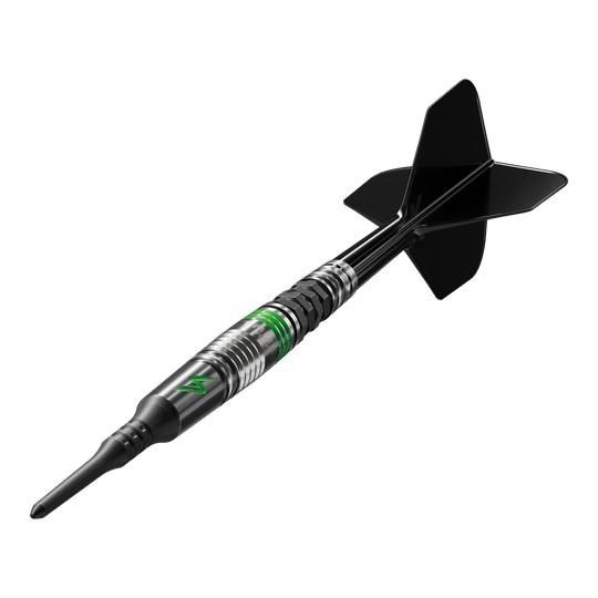 Target Japan Black Marque Lightning 3 freccette morbide - 19 g Das Bild zeigt einen Softdart der Marke Target Japan Black Marque Lightning 3 mit einem Gewicht von 19 Gramm. Der Dartpfeil ist schwarz und silber mit grünen Akzenten und hat schwarze Flights.