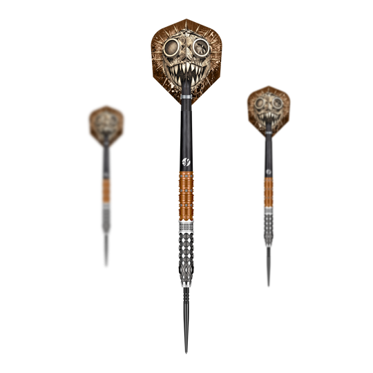 Das Bild zeigt ein Set der Shot Gnarly Gnasha Turbo Point Steeldarts mit 23g. Die Steeldarts sind für ambitionierte Spieler geeignet.