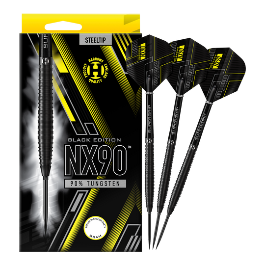 Freccette in acciaio coniche Harrows NX90 Black Edition Quick Point Abgebildet sind die Harrows NX90 Black Edition Tapered Quick Point Steeldarts. Die schwarzen Steeldarts haben eine schlanke, konische Form.