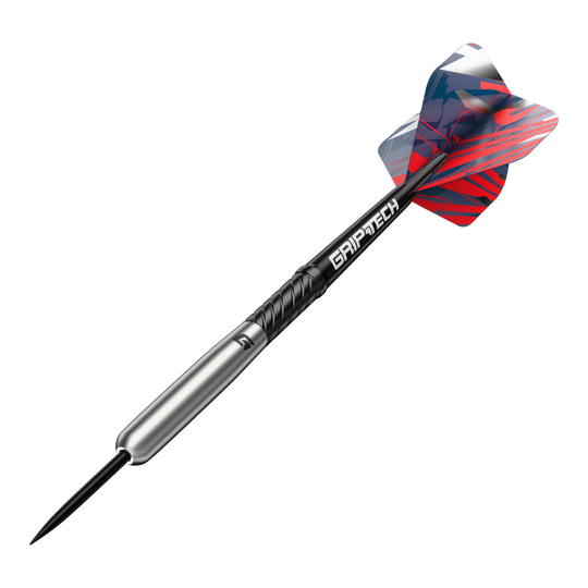 Freccette in acciaio al tungsteno per baseball GOAT Homerun Das Bild zeigt einen GOAT Homerun Baseball Tungsten Steeldart mit farbigem Flight und schwarzem Schaft. Der Dart hat einen silbernen Körper und trägt die Aufschrift "GRIPTECH".