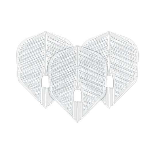 Das Bild zeigt drei transparente Darts-Flights in L3PRO Form mit Dimple-Oberfläche. Es handelt sich um das Produkt "L-Style Flights Dimple Champagne L3PRO Shape".