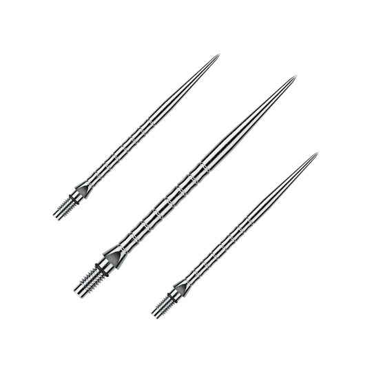 Das Bild zeigt Steeldartspitzen mit silbernem Effekt, wahrscheinlich 40 mm lang. Die Dartspitzen sind für das Spiel mit Steeldarts bestimmt.