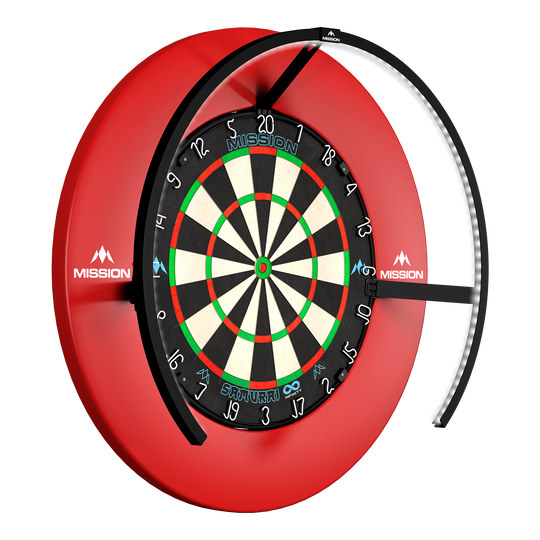 Zu sehen ist die Mission Torus 270 LED Dartboard Beleuchtung in Schwarz. Diese Beleuchtung verbessert die Sichtbarkeit beim Dartspielen.