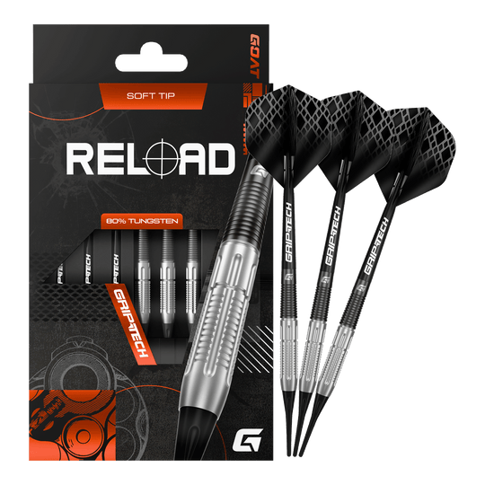 Zu sehen sind die GOAT Reload Softdarts - 20g in kompletter Ausführung. Diese Softdarts bieten durchdachte Qualität für ambitionierte Dartspieler.