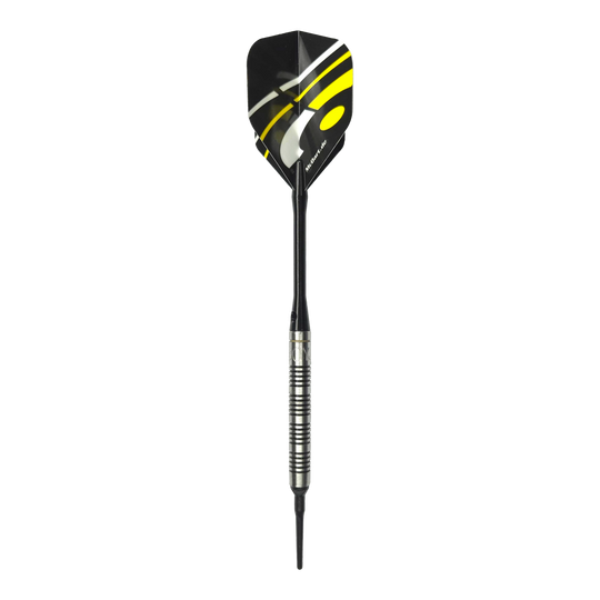 Dardi morbidi McDart 85 Tungsten V17 - 16,5 g Das Bild zeigt den McDart 85er Tungsten V17 Softdart mit einem Gewicht von 16,5g. Der Dart hat ein modernes Design mit schwarzen und gelben Akzenten auf den Flights.