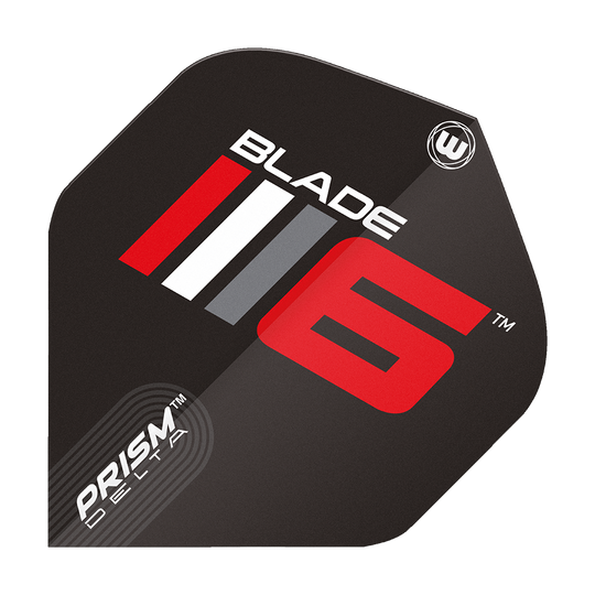 6915-225_Winmau_Prism_Delta_Blade6_A_Standard_Flights_1cMHioShH2goA4 Auf dem Bild ist das Winmau Prism Delta Blade 6 A Standard Flights abgebildet. Es zeigt ein modernes Design mit schwarzen, roten, weißen und grauen Elementen sowie den Schriftzügen „Blade 6“ und „Prism Delta“.