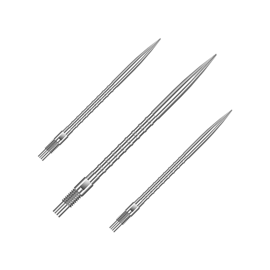 Das Bild zeigt ein Set von silbernen Dartspitzen mit 40 mm Länge. Die Spitzen sind nebeneinander arrangiert.
