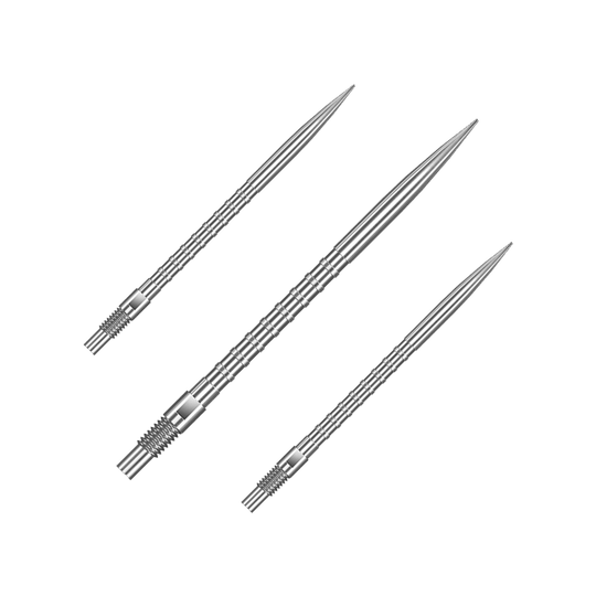 Punte per freccette Harrows Quick Point Heavy Metal - Argento Das Bild zeigt ein Set von silbernen Dartspitzen mit 40 mm Länge. Die Spitzen sind nebeneinander arrangiert.