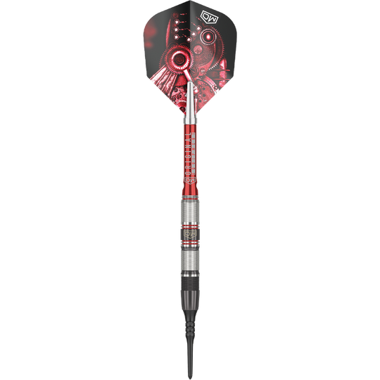Freccette morbide DW Piranha Razor 02 Das Bild zeigt den Softdart "DW Piranha Razor 02". Der Dart hat ein silber-rotes Barrel und auffällige Flights mit einem Zahnrad-Design.