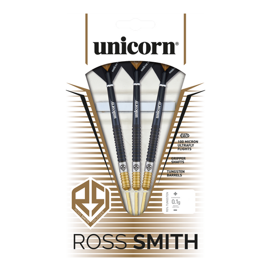 Freccette in acciaio bicolore Unicorn Ross Smith Das Bild zeigt die Unicorn Ross Smith Two-Tone Steeldarts in ihrer Verpackung. Die Verpackung hebt die Eigenschaften wie Gripper Shafts, 100 Micron Ultrafly Flights und Tungsten Barrels hervor.